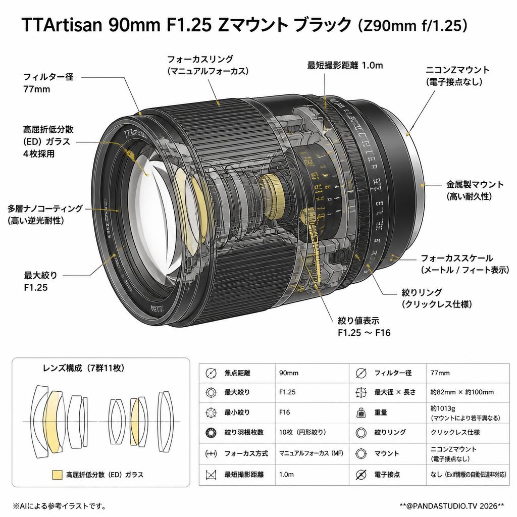 TTArtisan 90mm F1.25 Zマウントブラック（Z90mm f/1.25） スペック