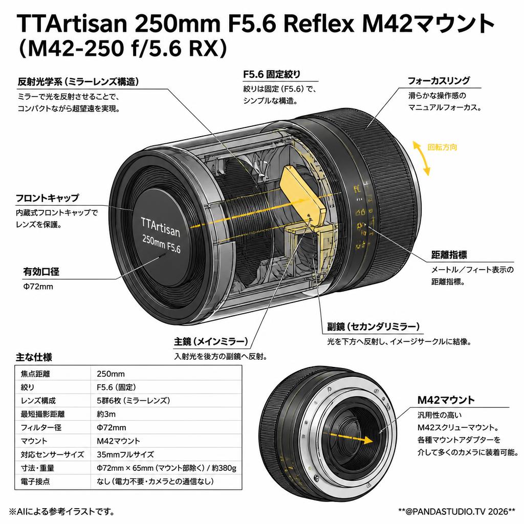 TTArtisan 250mm F5.6 Reflex M42マウント(M42-250 f/5.6 RX) スペック