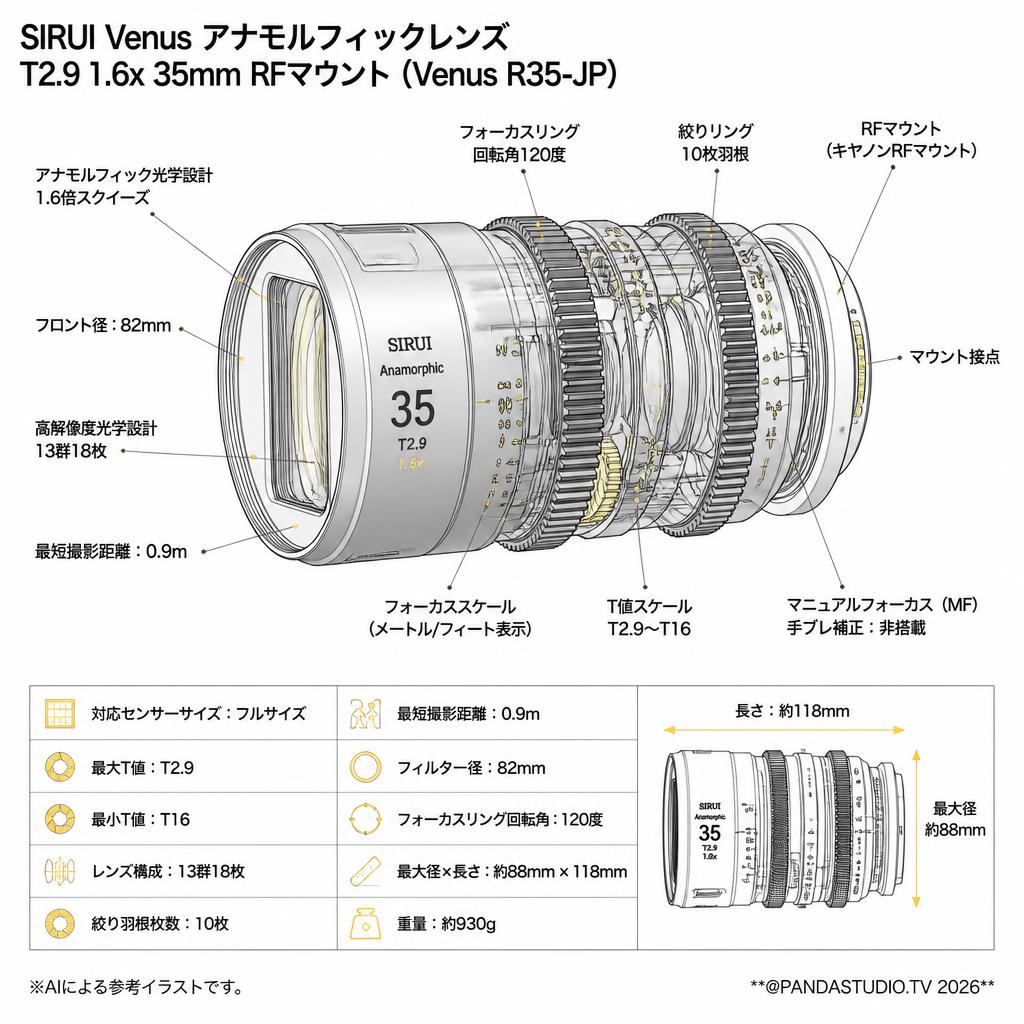 SIRUI Venus アナモルフィックレンズ T2.9 1.6x 35mm RFマウント（Venus R35-JP) スペック