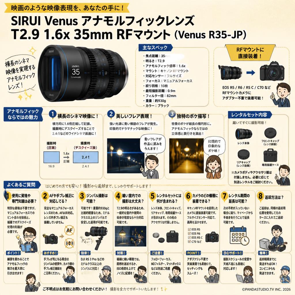 SIRUI Venus アナモルフィックレンズ T2.9 1.6x 35mm RFマウント（Venus R35-JP) FAQ（よくある質問と答え）