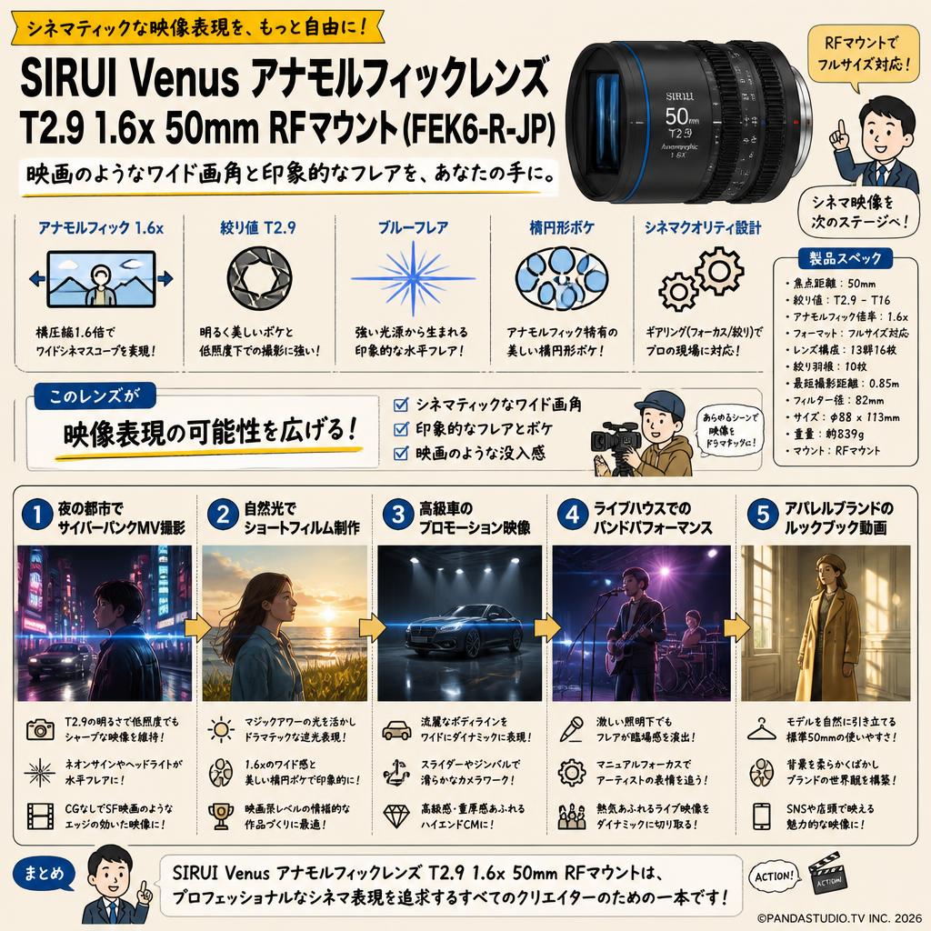 SIRUI Venus アナモルフィックレンズ T2.9 1.6x 50mm RFマウント（FFEK6-R-JP) 用途