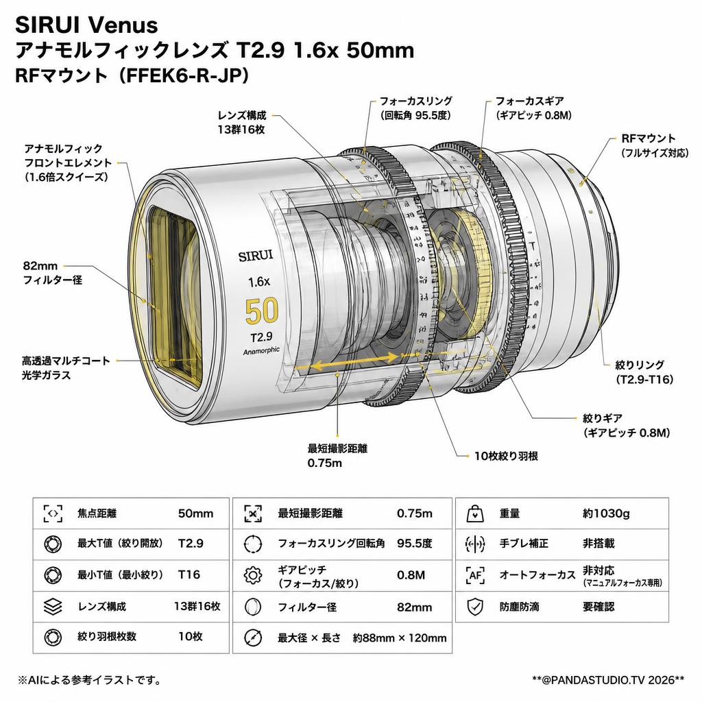 SIRUI Venus アナモルフィックレンズ T2.9 1.6x 50mm RFマウント（FFEK6-R-JP) スペック