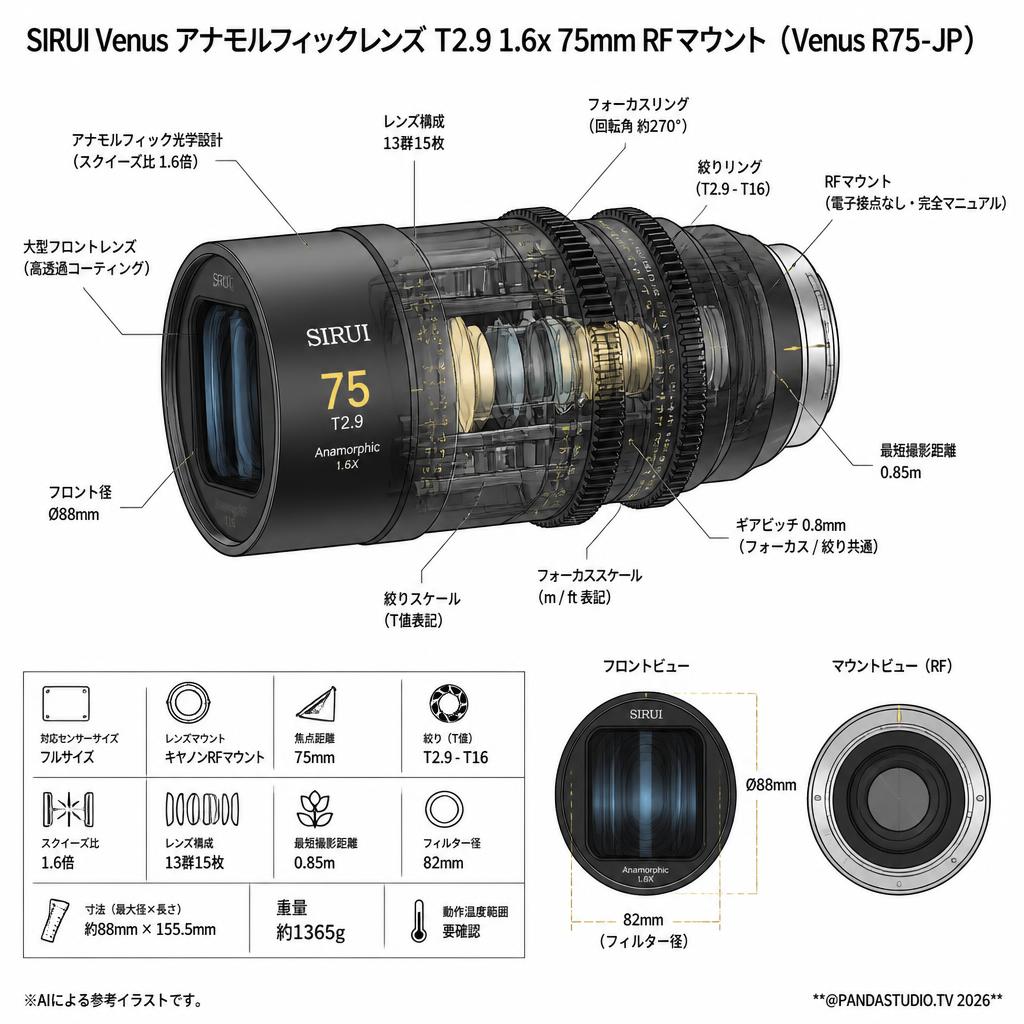 SIRUI Venus アナモルフィックレンズ T2.9 1.6x 75mm RFマウント（Venus R75-JP) スペック
