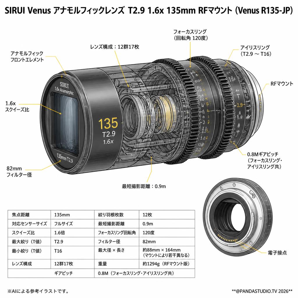 SIRUI Venus アナモルフィックレンズ T2.9 1.6x 135mm RFマウント（Venus R135-JP) スペック