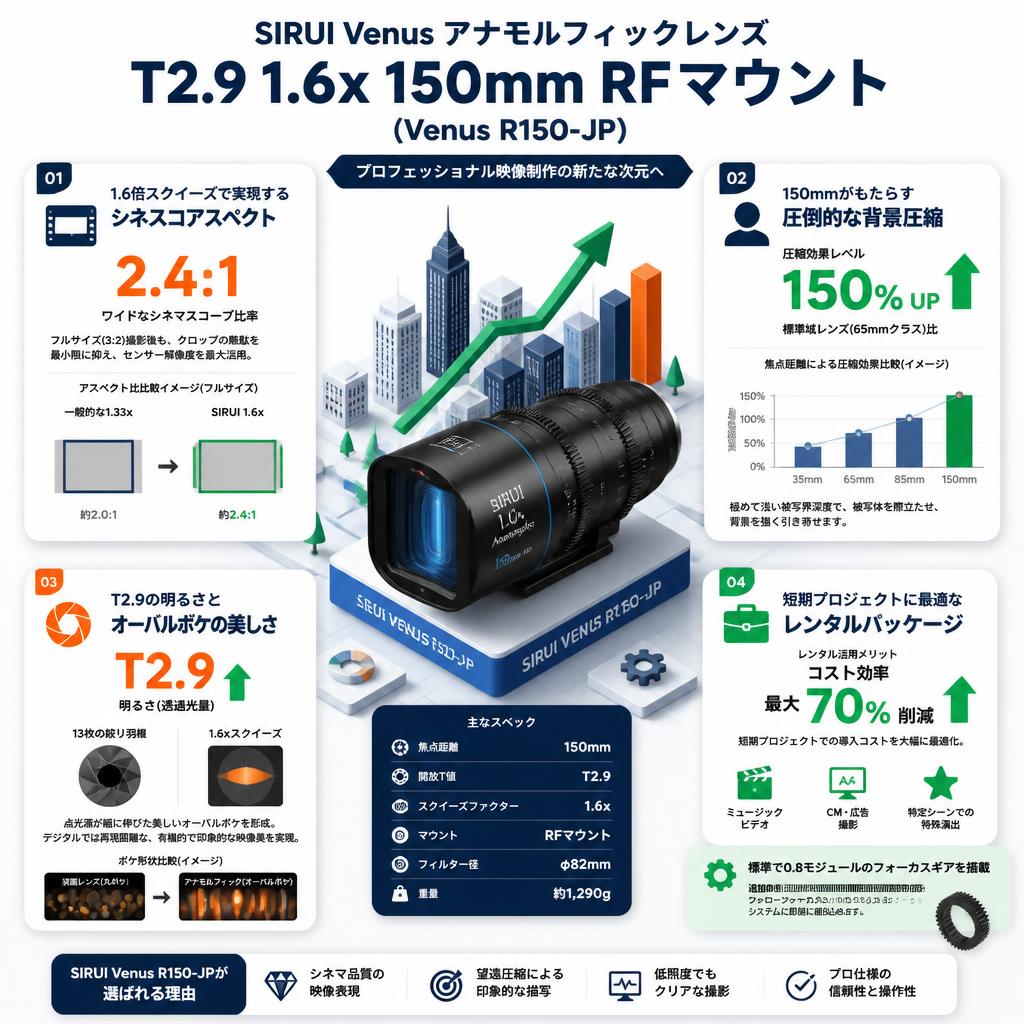 SIRUI Venus アナモルフィックレンズ T2.9 1.6x 150mm RFマウント（Venus R150-JP) セールスポイント