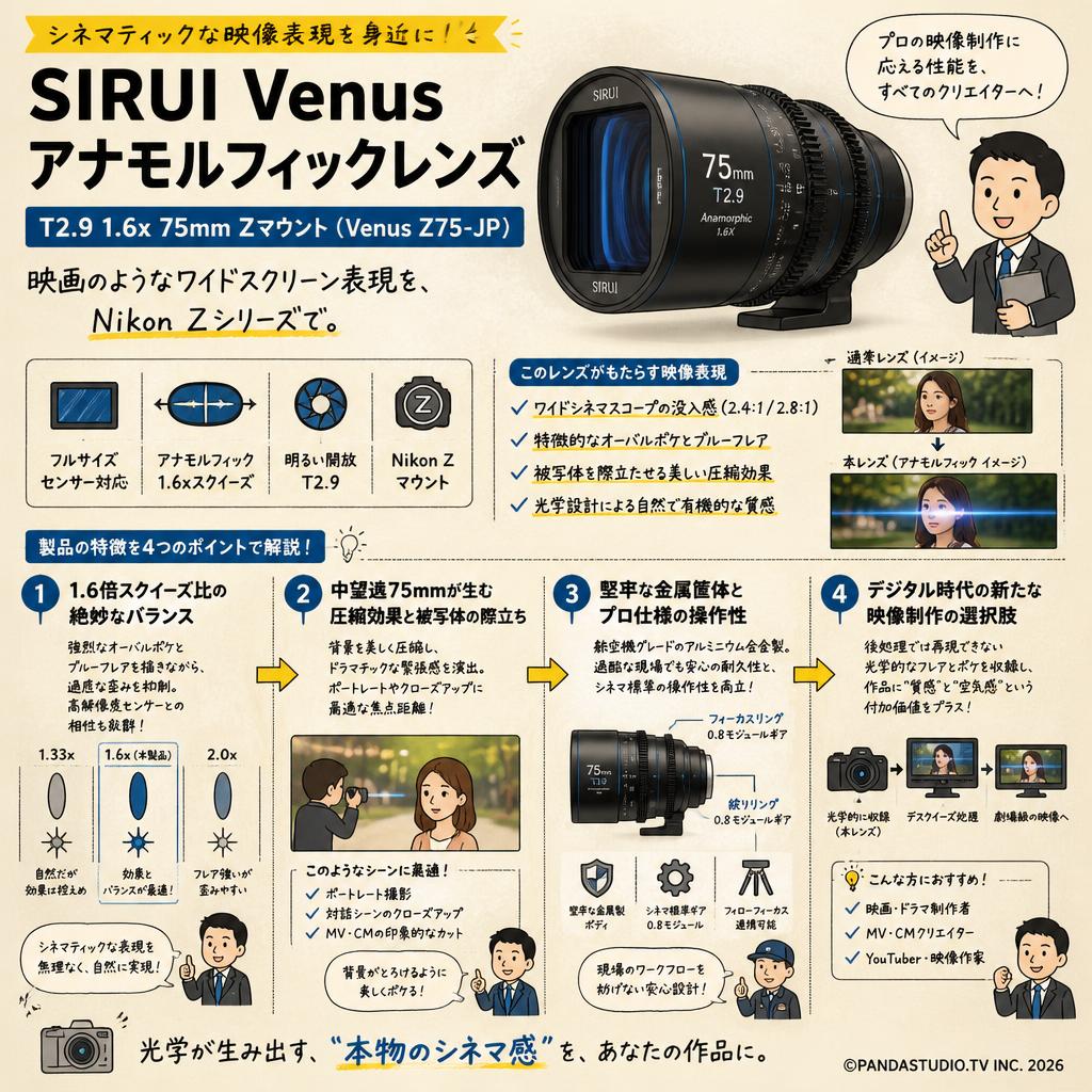 SIRUI Venus アナモルフィックレンズ T2.9 1.6x 75mm Zマウント（Venus Z75-JP) 概要