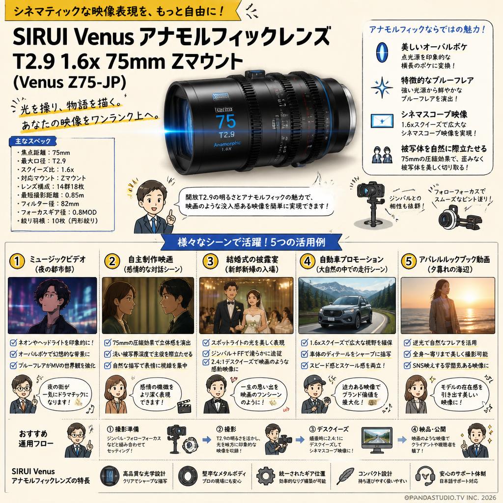 SIRUI Venus アナモルフィックレンズ T2.9 1.6x 75mm Zマウント（Venus Z75-JP) 用途