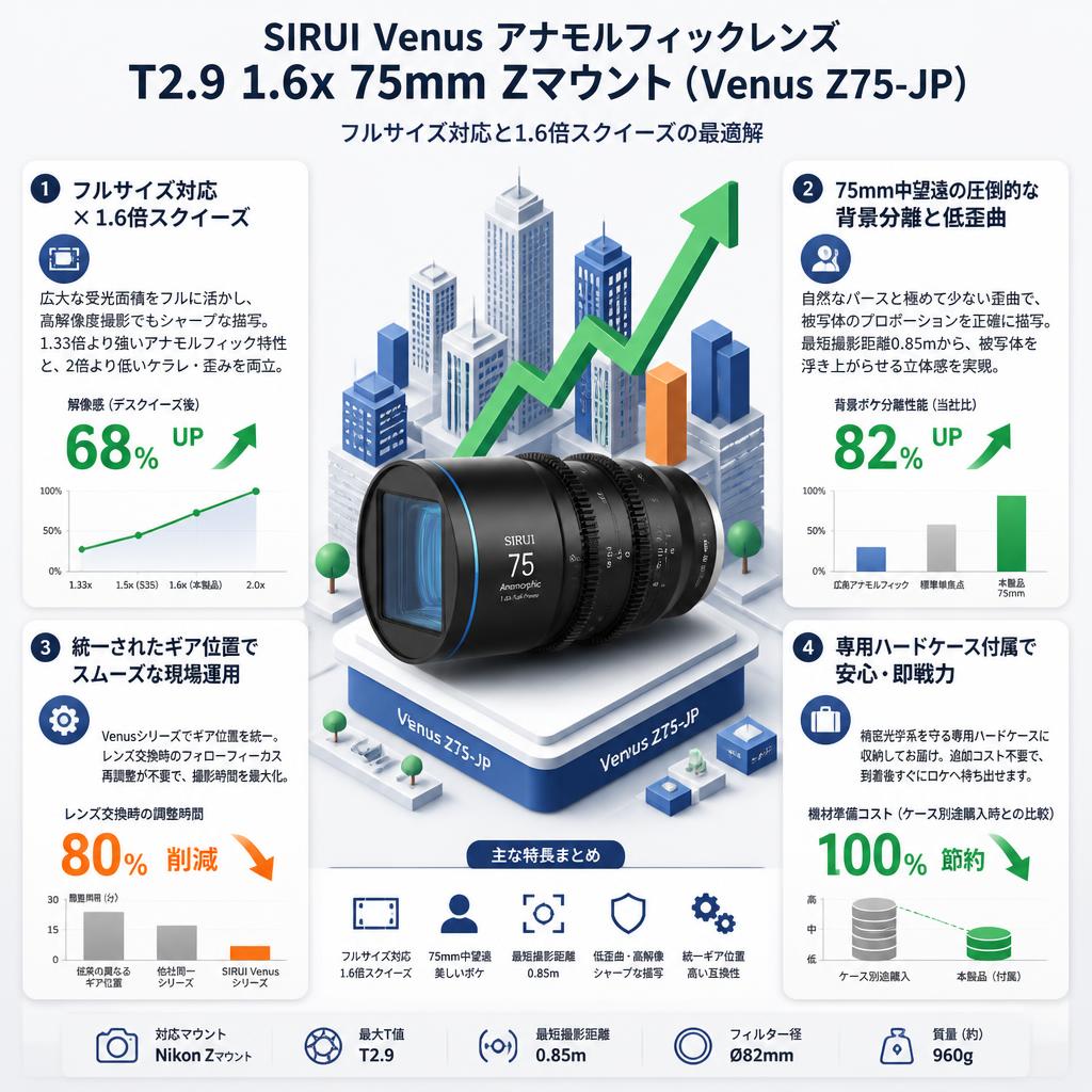 SIRUI Venus アナモルフィックレンズ T2.9 1.6x 75mm Zマウント（Venus Z75-JP) セールスポイント