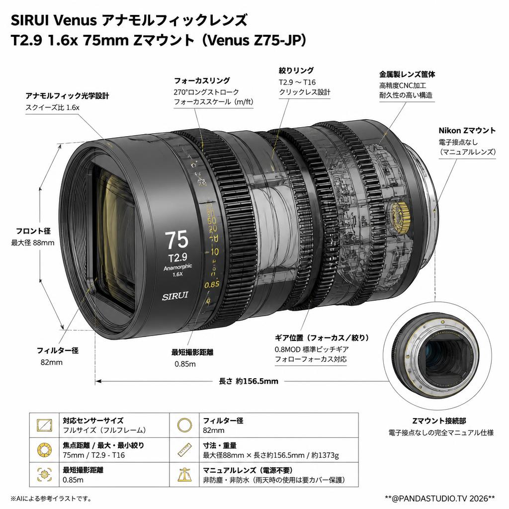 SIRUI Venus アナモルフィックレンズ T2.9 1.6x 75mm Zマウント（Venus Z75-JP) スペック