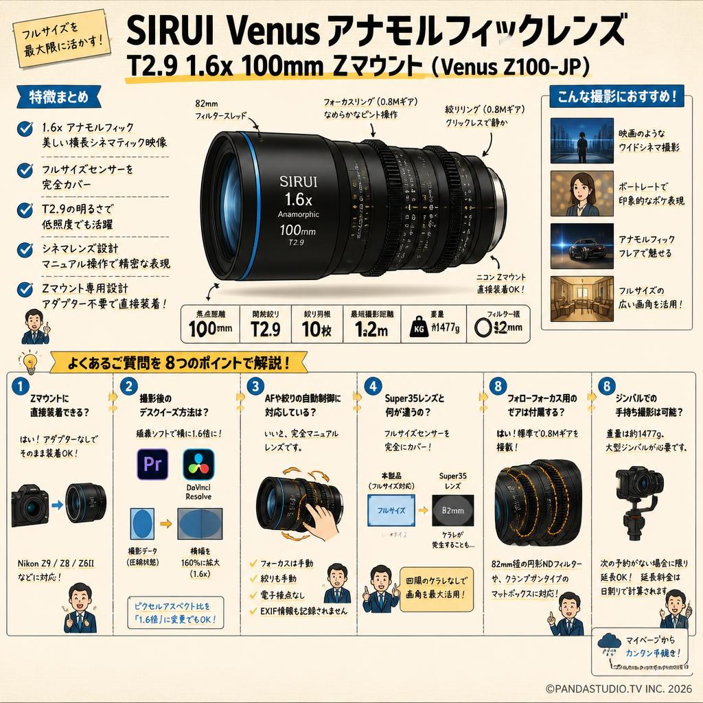 SIRUI Venus アナモルフィックレンズ T2.9 1.6x 100mm Zマウント（Venus Z100-JP) FAQ（よくある質問と答え）