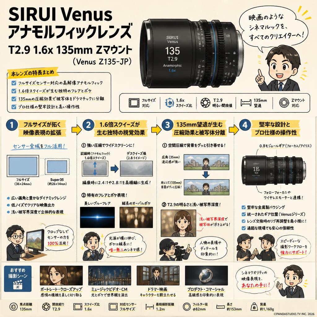 SIRUI Venus アナモルフィックレンズ T2.9 1.6x 135mm Zマウント（Venus Z135-JP) 概要
