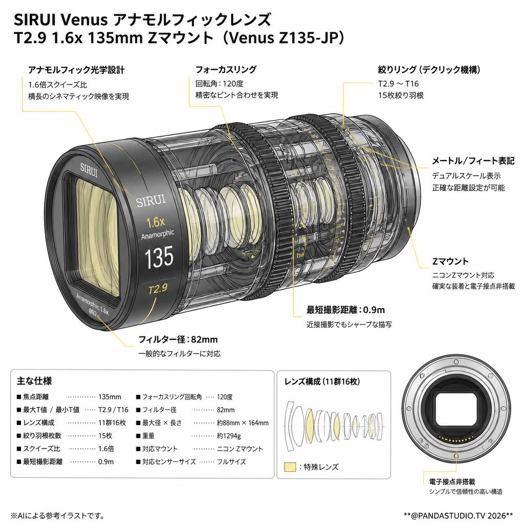 SIRUI Venus アナモルフィックレンズ T2.9 1.6x 135mm Zマウント（Venus Z135-JP) スペック
