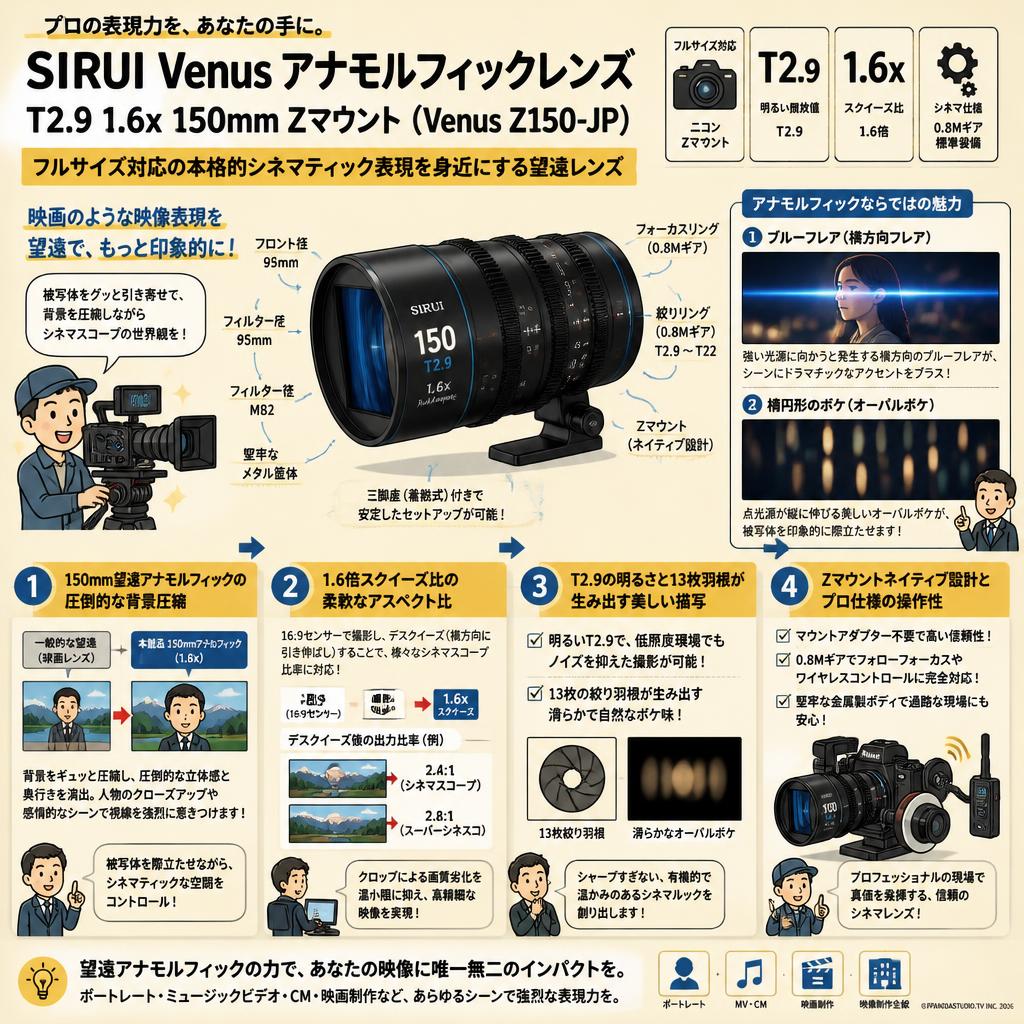 SIRUI Venus アナモルフィックレンズ T2.9 1.6x 150mm Zマウント（Venus Z150-JP) 概要