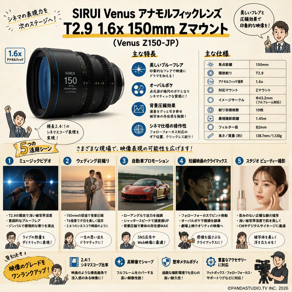 SIRUI Venus アナモルフィックレンズ T2.9 1.6x 150mm Zマウント（Venus Z150-JP) 用途