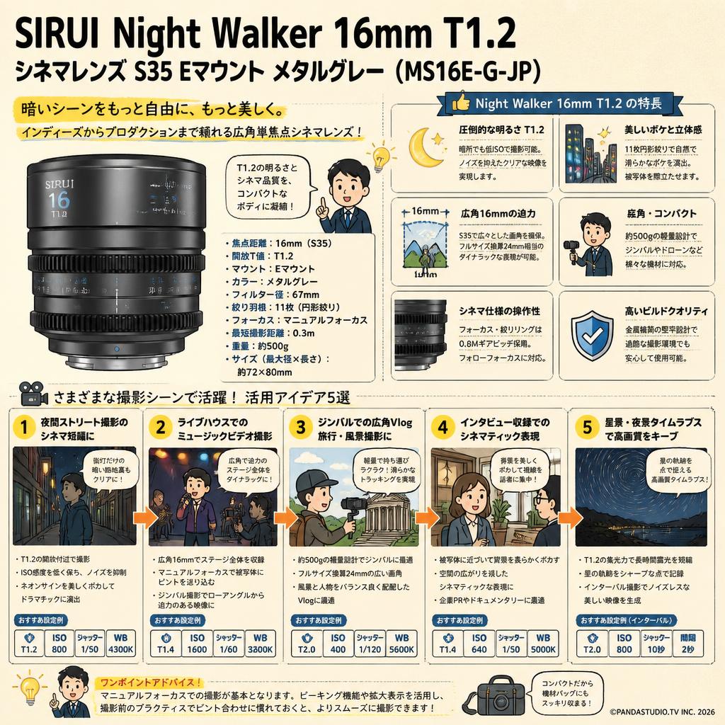 SIRUI Night Walker 16mm T1.2 シネマレンズ S35 Eマウント メタルグレー  ( MS16E-G-JP ) 用途