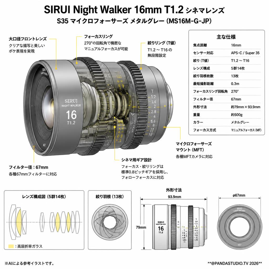 SIRUI Night Walker 16mm T1.2 シネマレンズ S35 マイクロフォーサーズ メタルグレー (MS16M-G-JP) スペック