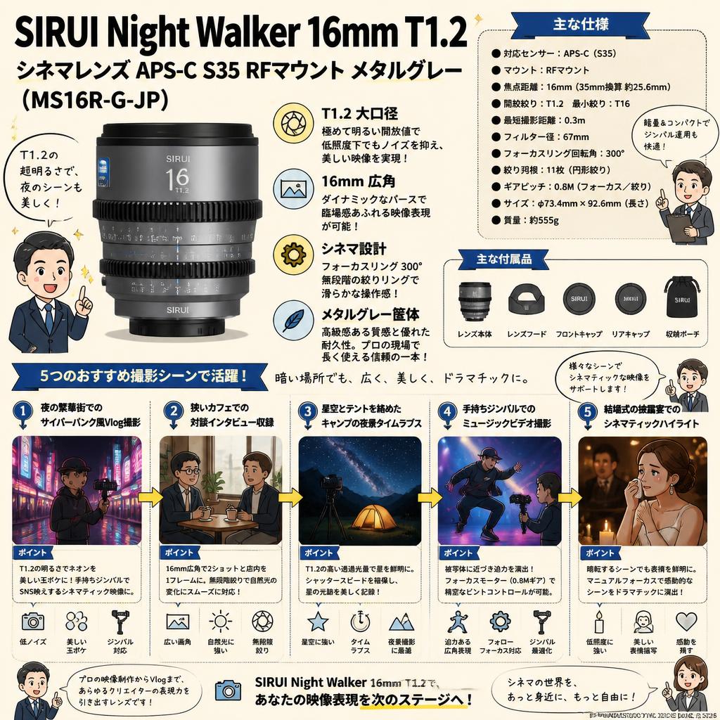 SIRUI Night Walker 16mm T1.2 シネマレンズ APS-C S35 RFマウント メタルグレー ( MS16R-G-JP ) 用途