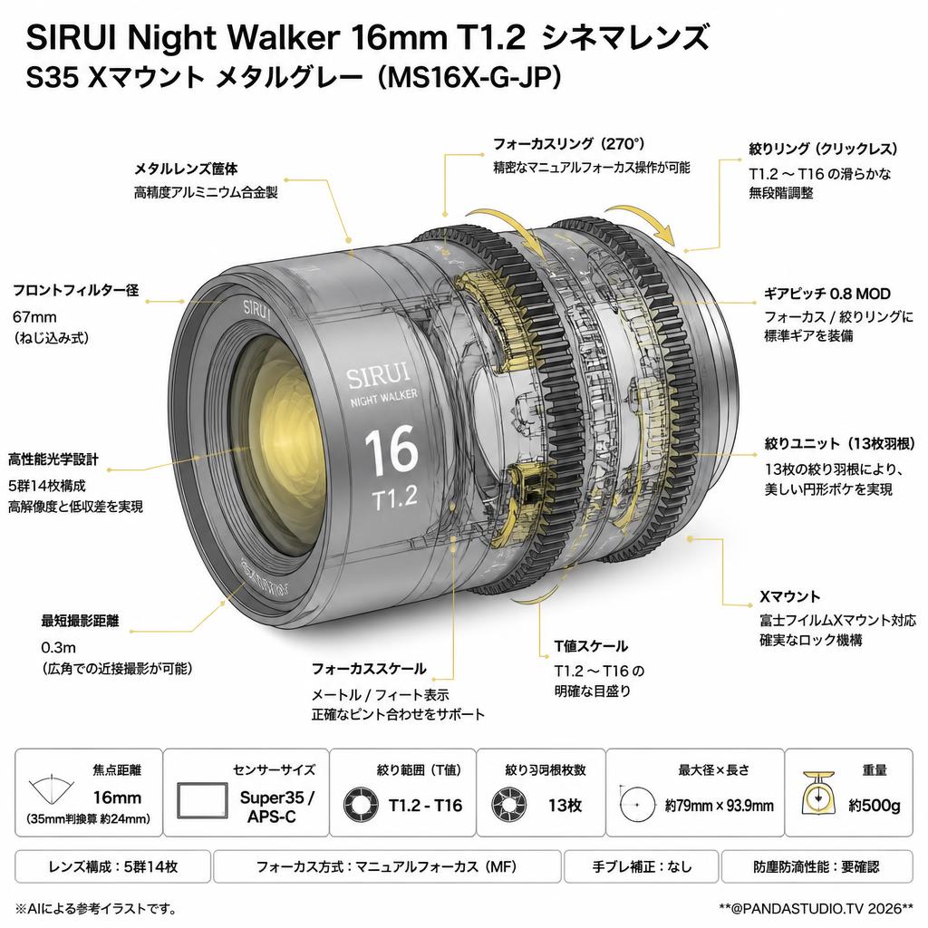 SIRUI Night Walker 16mm T1.2 シネマレンズ S35 Xマウント メタルグレー ( MS16X-G-JP ) スペック
