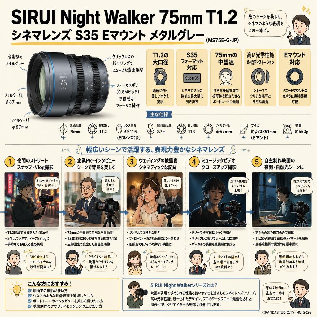 SIRUI Night Walker 75mm T1.2 シネマレンズ S35 Eマウント メタルグレー  ( MS75E-G-JP ) 用途