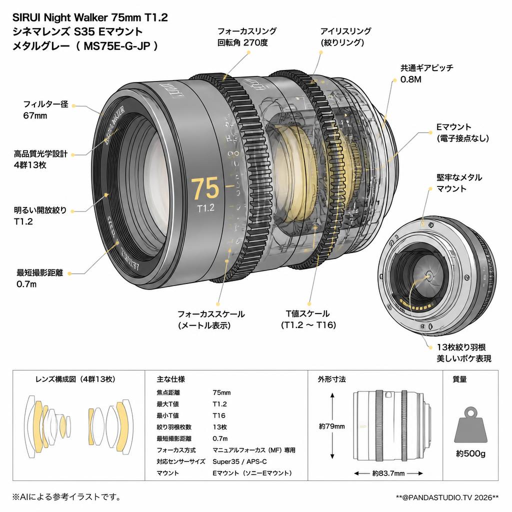 SIRUI Night Walker 75mm T1.2 シネマレンズ S35 Eマウント メタルグレー  ( MS75E-G-JP ) スペック