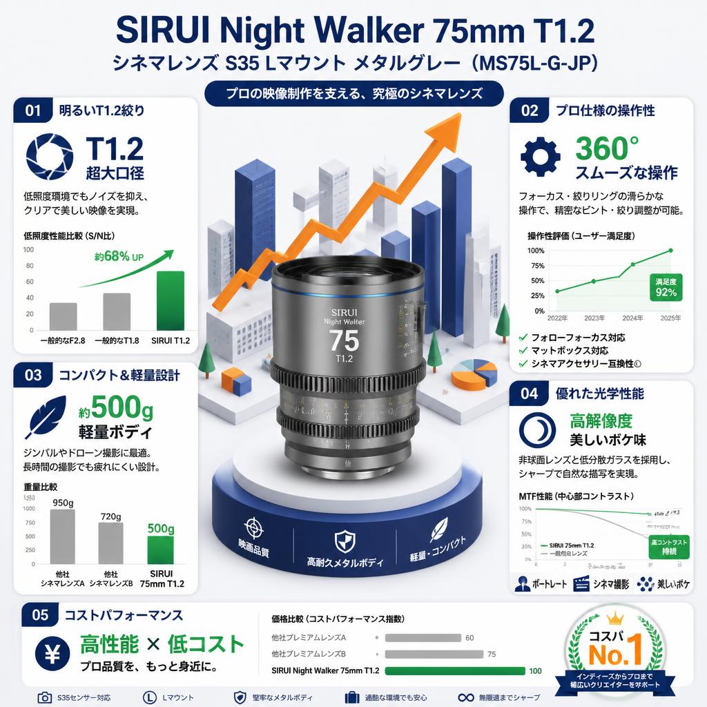 SIRUI Night Walker 75mm T1.2 シネマレンズ S35 Lマウント メタルグレー  ( MS75L-G-JP ） セールスポイント