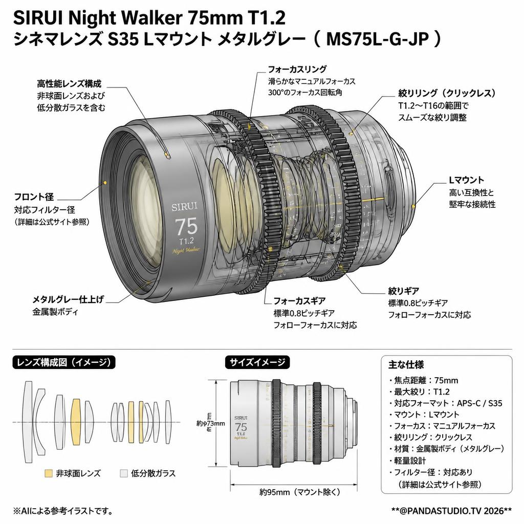 SIRUI Night Walker 75mm T1.2 シネマレンズ S35 Lマウント メタルグレー  ( MS75L-G-JP ） スペック