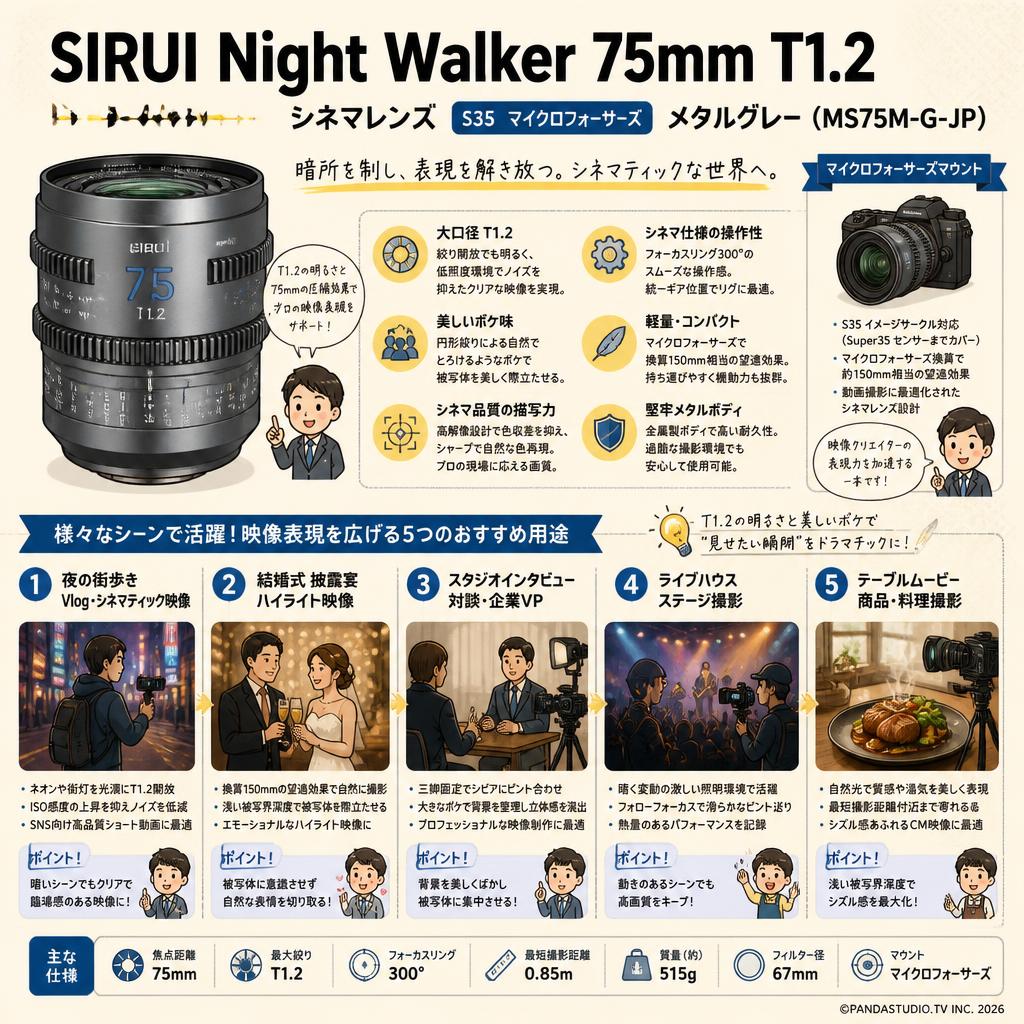 SIRUI Night Walker 75mm T1.2 シネマレンズ S35 マイクロフォーサーズ メタルグレー (MS75M-G-JP) 用途
