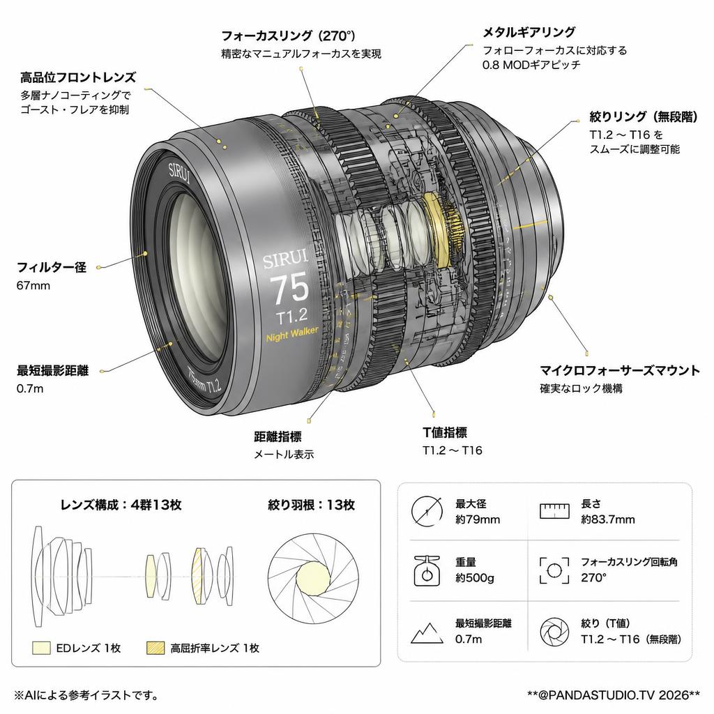SIRUI Night Walker 75mm T1.2 シネマレンズ S35 マイクロフォーサーズ メタルグレー (MS75M-G-JP) スペック