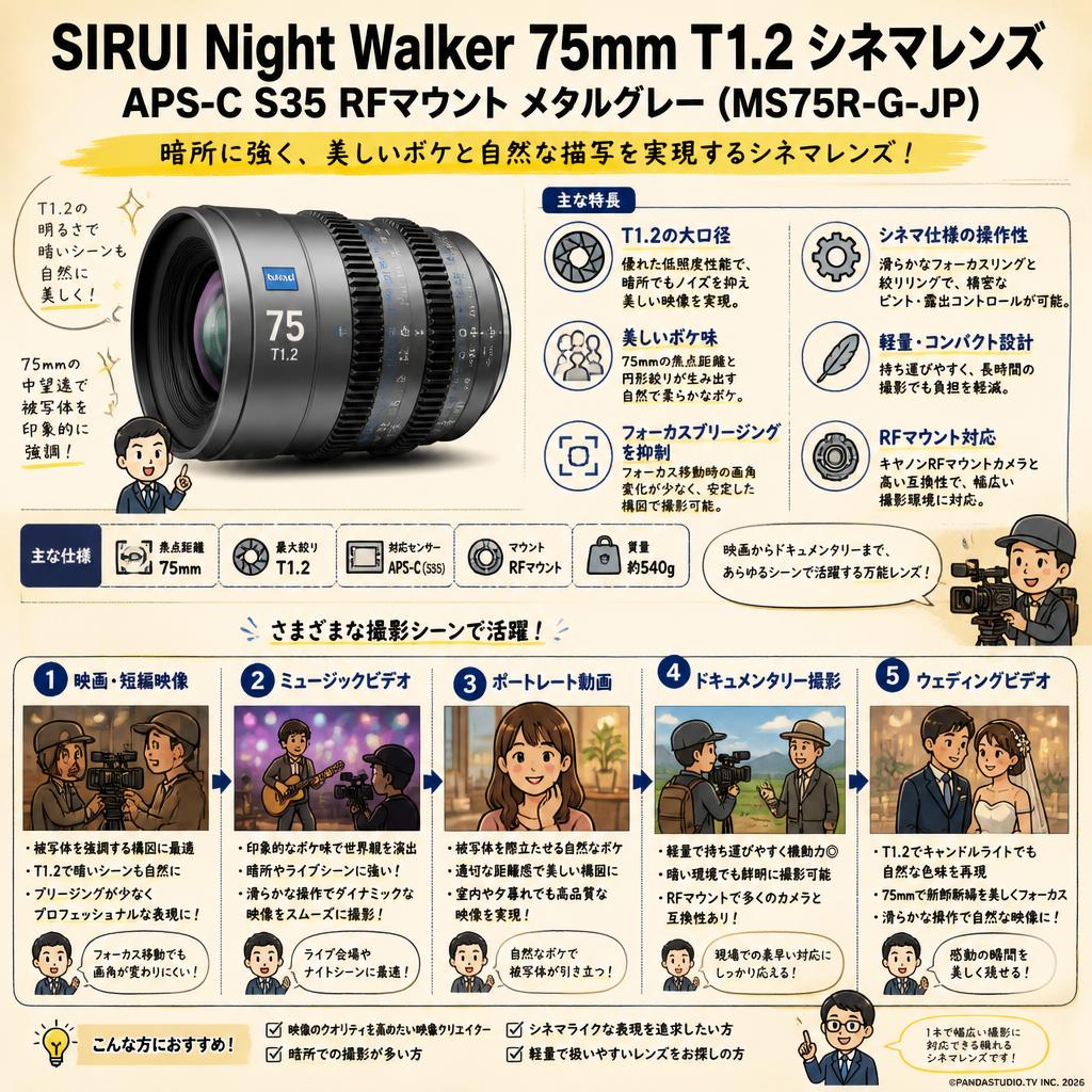 SIRUI Night Walker 75mm T1.2 シネマレンズ APS-C S35 RFマウント メタルグレー (MS75R-G-JP) 用途