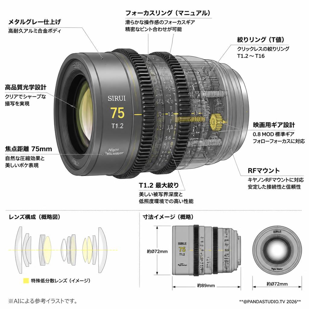 SIRUI Night Walker 75mm T1.2 シネマレンズ APS-C S35 RFマウント メタルグレー (MS75R-G-JP) スペック