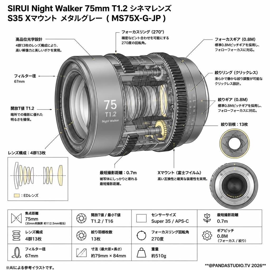 SIRUI Night Walker 75mm T1.2 シネマレンズ S35 Xマウント メタルグレー ( MS75X-G-JP ) スペック