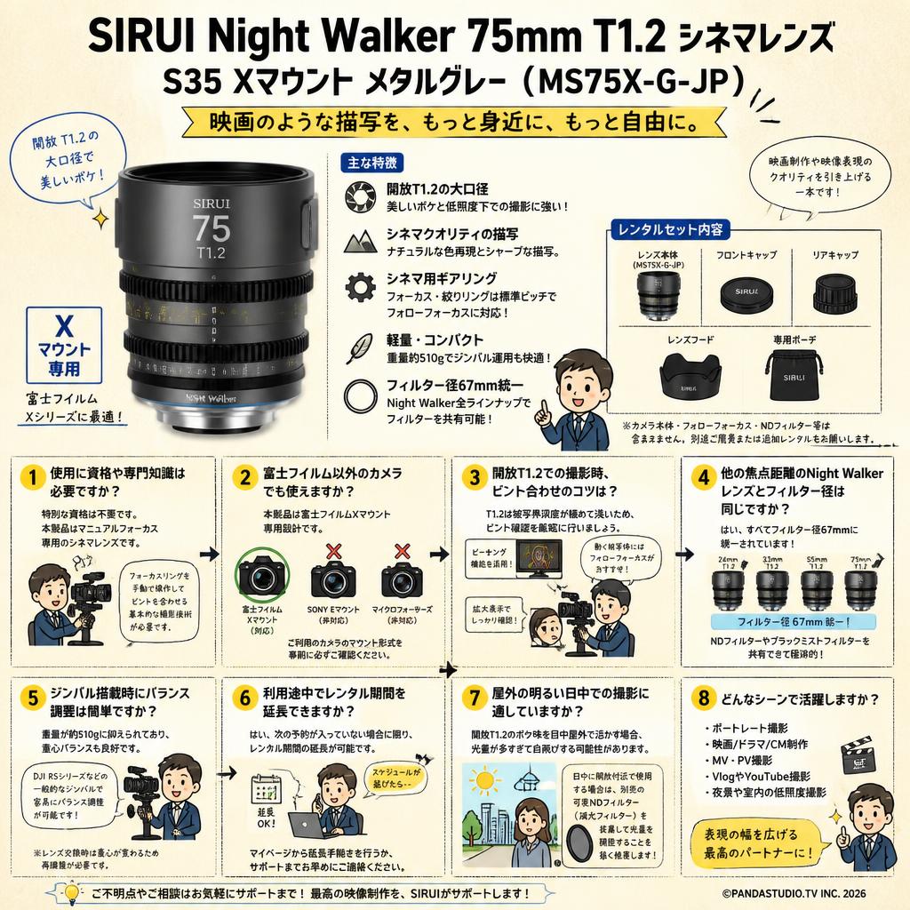 SIRUI Night Walker 75mm T1.2 シネマレンズ S35 Xマウント メタルグレー ( MS75X-G-JP ) FAQ（よくある質問と答え）