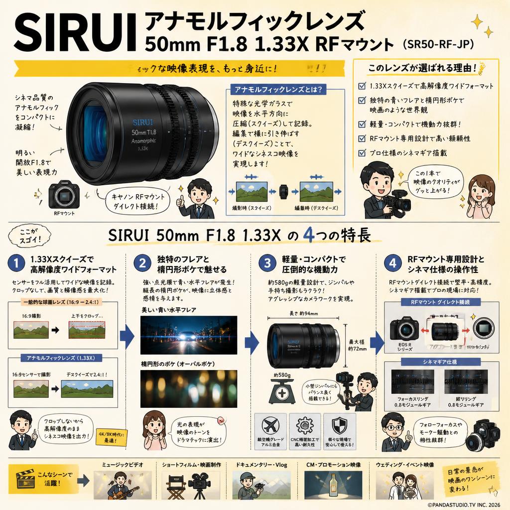 SIRUI アナモルフィックレンズ  50mm F1.8 1.33X  RFマウント（SR50-RF-JP ) 概要
