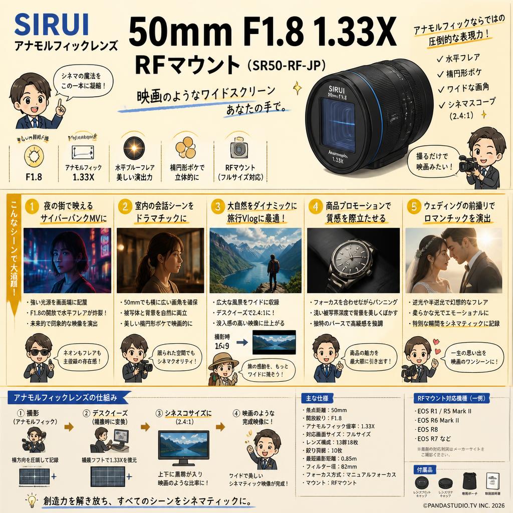 SIRUI アナモルフィックレンズ  50mm F1.8 1.33X  RFマウント（SR50-RF-JP ) 用途