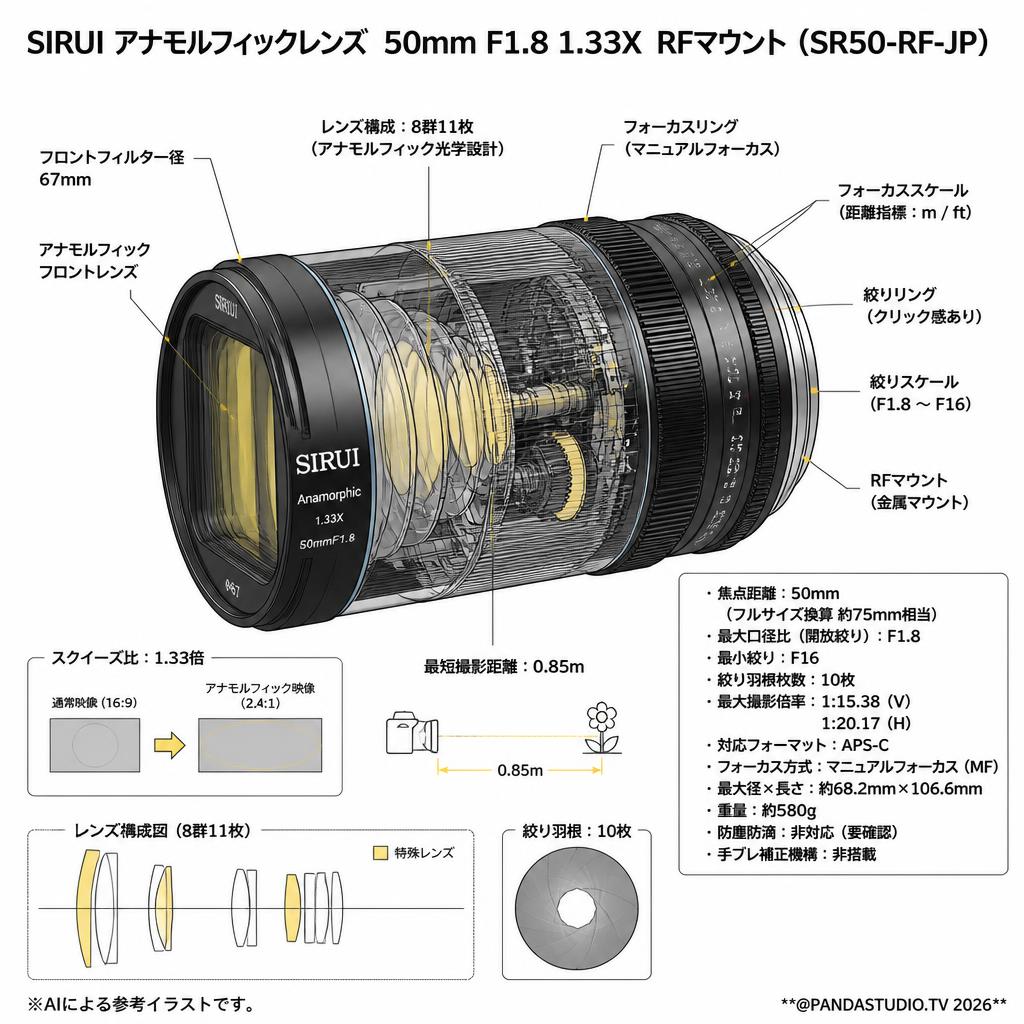 SIRUI アナモルフィックレンズ  50mm F1.8 1.33X  RFマウント（SR50-RF-JP ) スペック