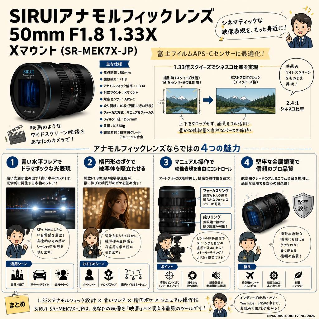 SIRUIアナモルフィックレンズ 50mm F1.8 1.33X   Xマウント ( SR-MEK7X-JP ) 概要