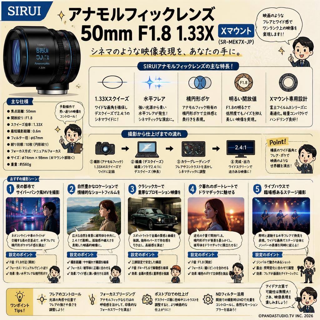 SIRUIアナモルフィックレンズ 50mm F1.8 1.33X   Xマウント ( SR-MEK7X-JP ) 用途