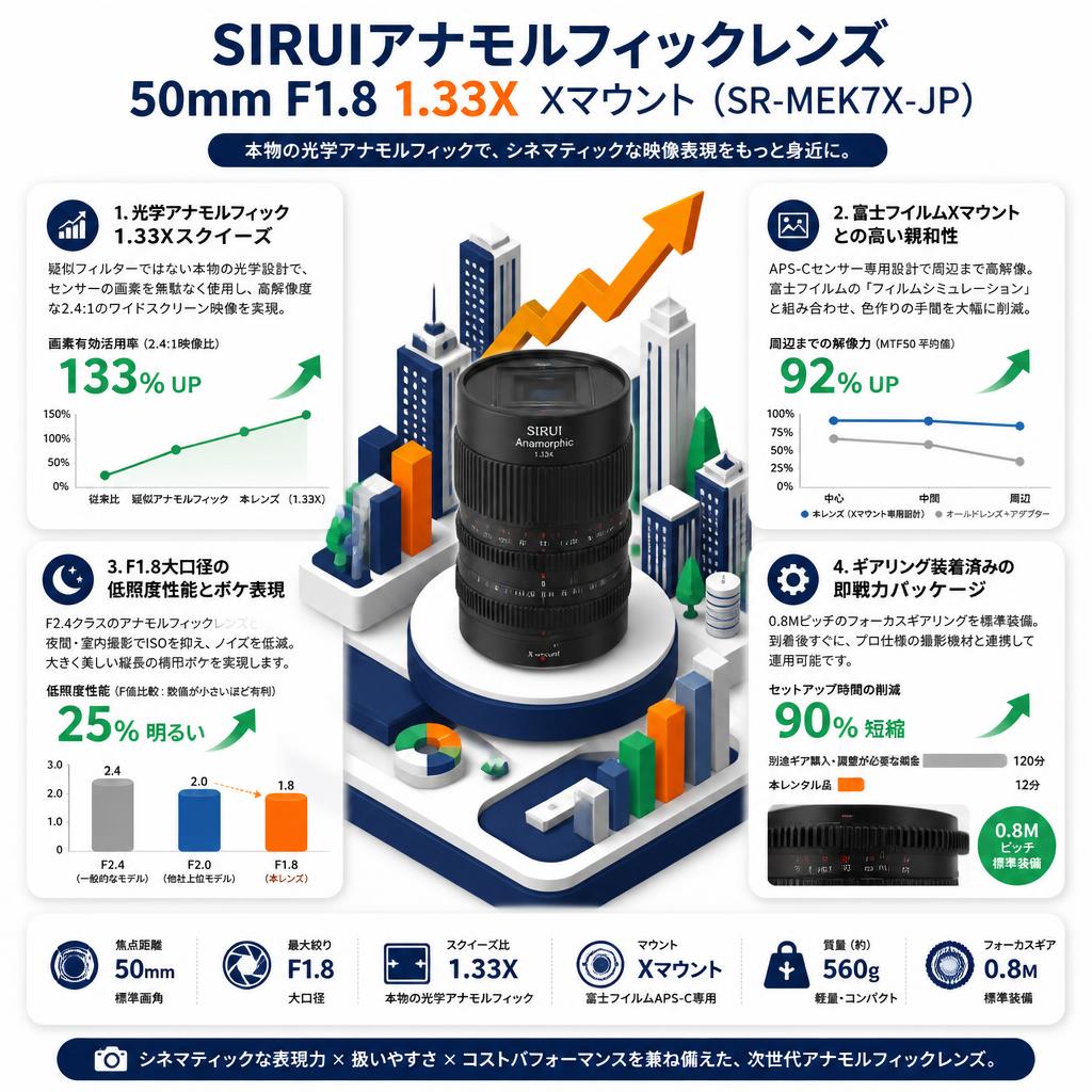 SIRUIアナモルフィックレンズ 50mm F1.8 1.33X   Xマウント ( SR-MEK7X-JP ) セールスポイント