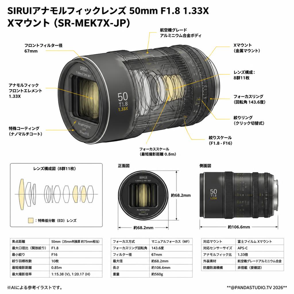 SIRUIアナモルフィックレンズ 50mm F1.8 1.33X   Xマウント ( SR-MEK7X-JP ) スペック