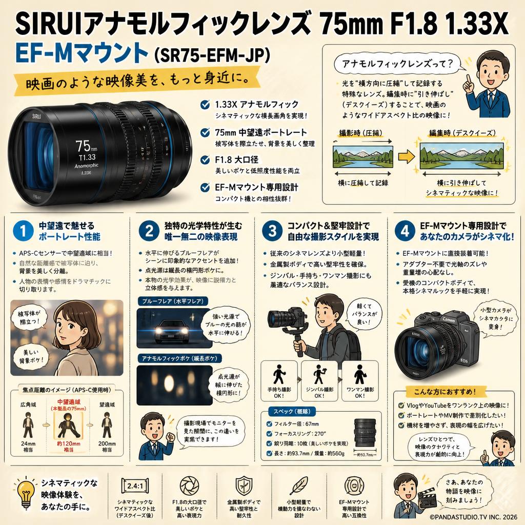 SIRUIアナモルフィックレンズ 75mm F1.8 1.33X  EF-Mマウント ( SR75-EFM-JP ) 概要