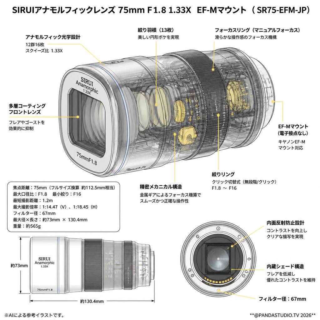 SIRUIアナモルフィックレンズ 75mm F1.8 1.33X  EF-Mマウント ( SR75-EFM-JP ) スペック