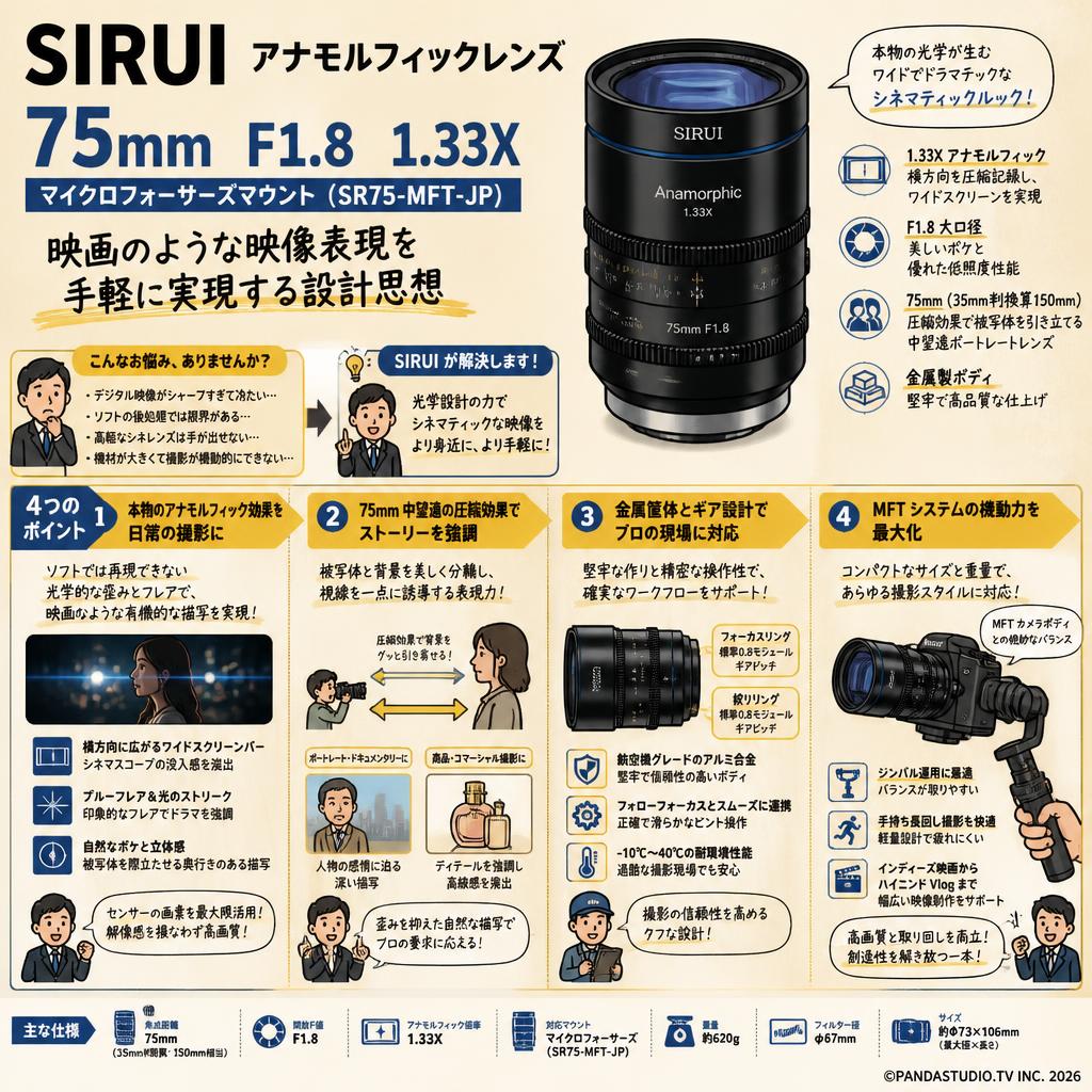 SIRUI アナモルフィックレンズ 75mm F1.8 1.33X マイクロフォーサーズマウント ( SR75-MFT-JP ) 概要