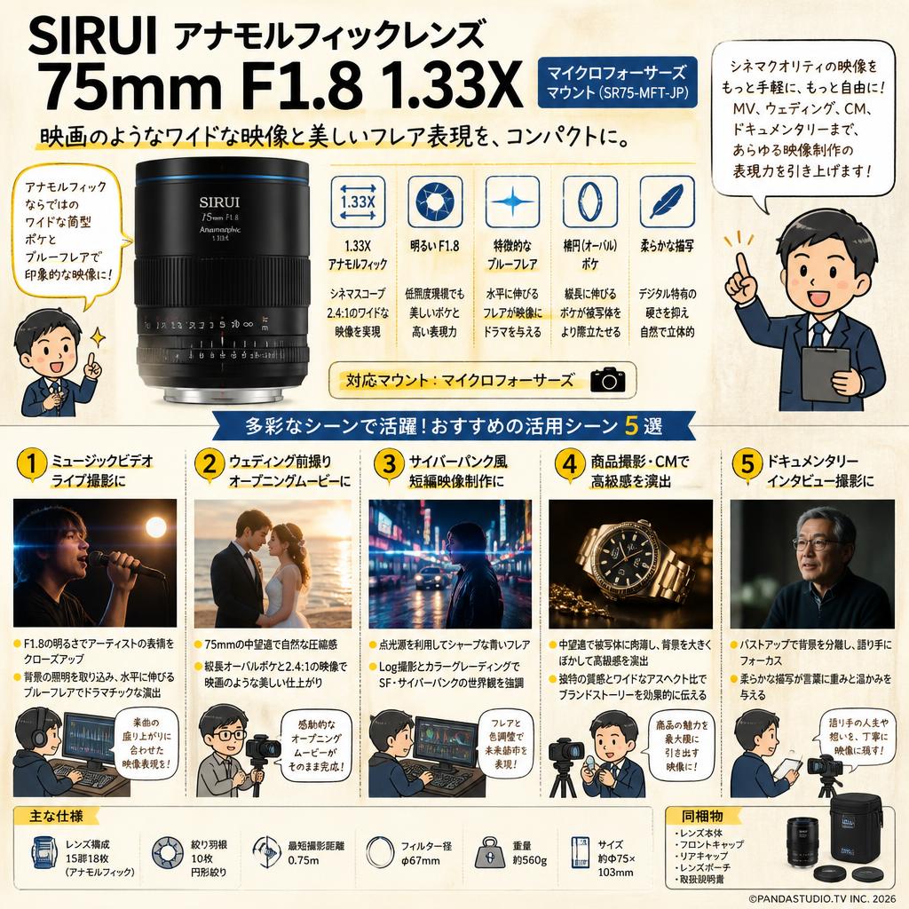 SIRUI アナモルフィックレンズ 75mm F1.8 1.33X マイクロフォーサーズマウント ( SR75-MFT-JP ) 用途