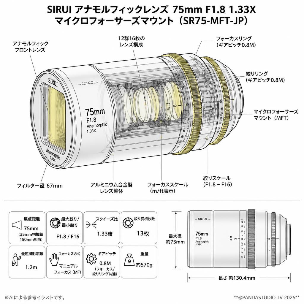 SIRUI アナモルフィックレンズ 75mm F1.8 1.33X マイクロフォーサーズマウント ( SR75-MFT-JP ) スペック