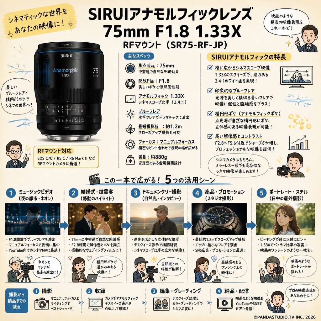 SIRUIアナモルフィックレンズ 75mm F1.8 1.33X  RFマウント ( SR75-RF-JP ) 用途