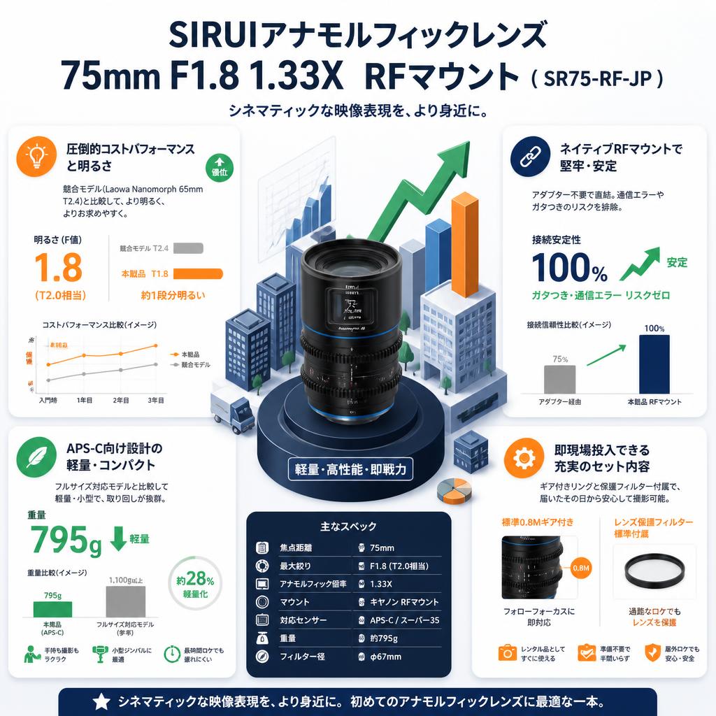 SIRUIアナモルフィックレンズ 75mm F1.8 1.33X  RFマウント ( SR75-RF-JP ) セールスポイント