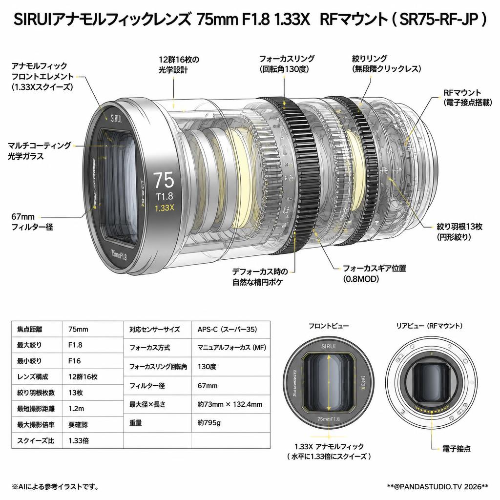 SIRUIアナモルフィックレンズ 75mm F1.8 1.33X  RFマウント ( SR75-RF-JP ) スペック