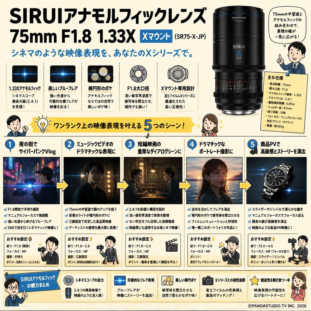 SIRUIアナモルフィックレンズ 75mm F1.8 1.33X   Xマウント ( SR75-X-JP ) 用途
