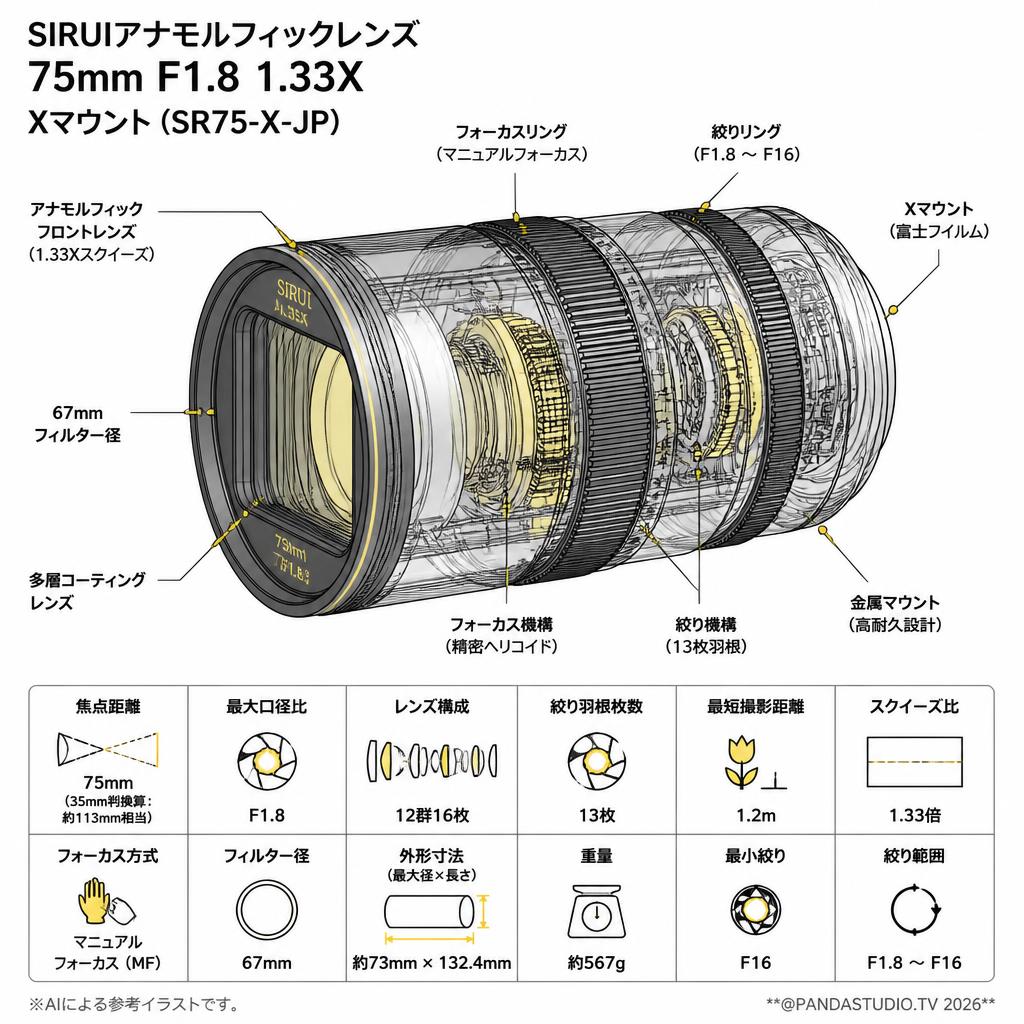 SIRUIアナモルフィックレンズ 75mm F1.8 1.33X   Xマウント ( SR75-X-JP ) スペック