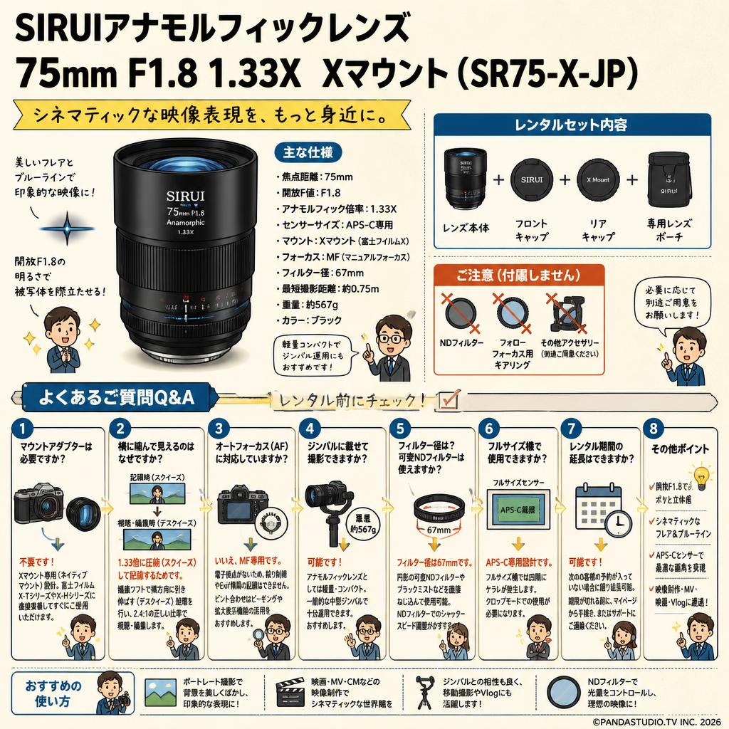 SIRUIアナモルフィックレンズ 75mm F1.8 1.33X   Xマウント ( SR75-X-JP ) FAQ（よくある質問と答え）